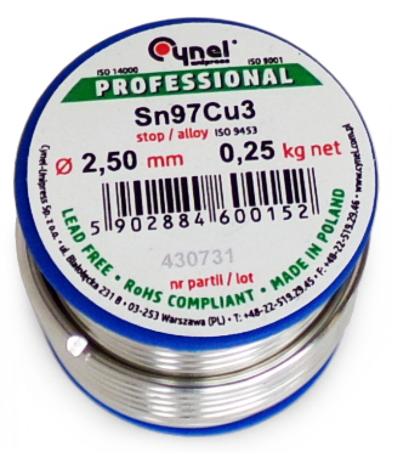 Spoiwo Cynel Sn97Cu3 do lutowania miedzi 2,5mm 250g